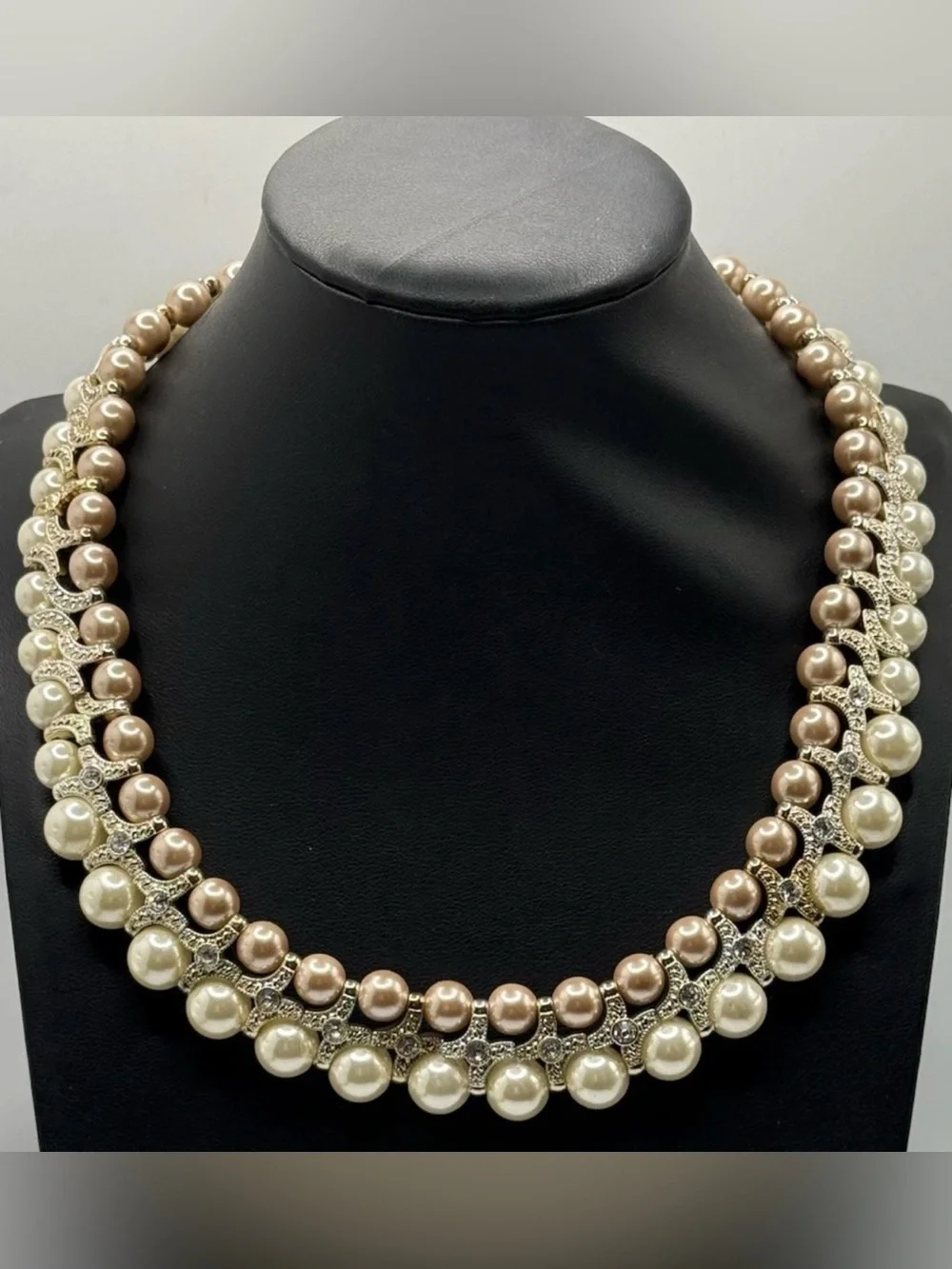 Vintage Shofel Bros Signed Faux Pearl Crystal Double Strand Collar Bib Necklace